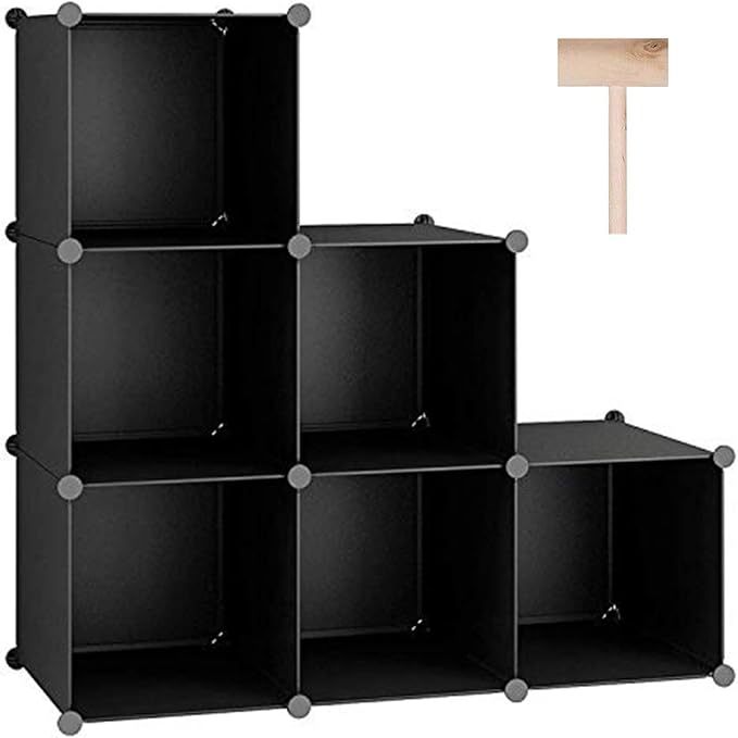 C&AHOME 6-Cube Storage Organizer, Stackable Storage Cubes Shelves, Portable Bookshelf, Plastic Clothing Storage Closet Organizer, DIY Modular Shelving Units for Wardrobe, Home, Black