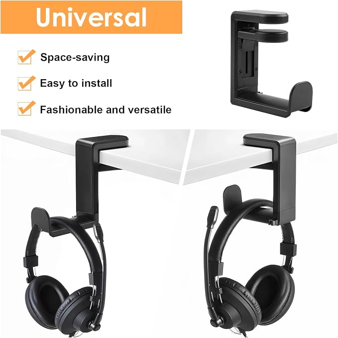 Rotating Headphone Stand, No-Drill 360° Rotating PC Gaming Headset & Controller Holder, Under Desk Hanger with 360 Degree Swivel & Cable Clip Organizer