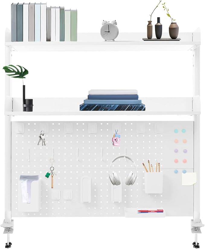 Clamp-On Pegboard Desk Organizer, 2-Tier Clamp On Desk Shelf with Hooks, Office Accessory Organizer for Books, Office Supplies & DIY Storage, 16.5lbs Capacity, 39.37" x 37.4", White