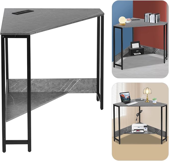 Corner Computer Desk, 26.77 Inch Triangle Small Space Desk with Outlets and Power Cord, Modern Writing Workstation, Corner Storage Table for Office, Home, Design Studio, Study Room (Gray)