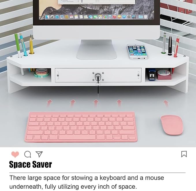Save Space Desktop Corner Shelf with Locking Drawer, Wooden Corner Monitor Stand, Screen Stand Office Workspace Organizer,White