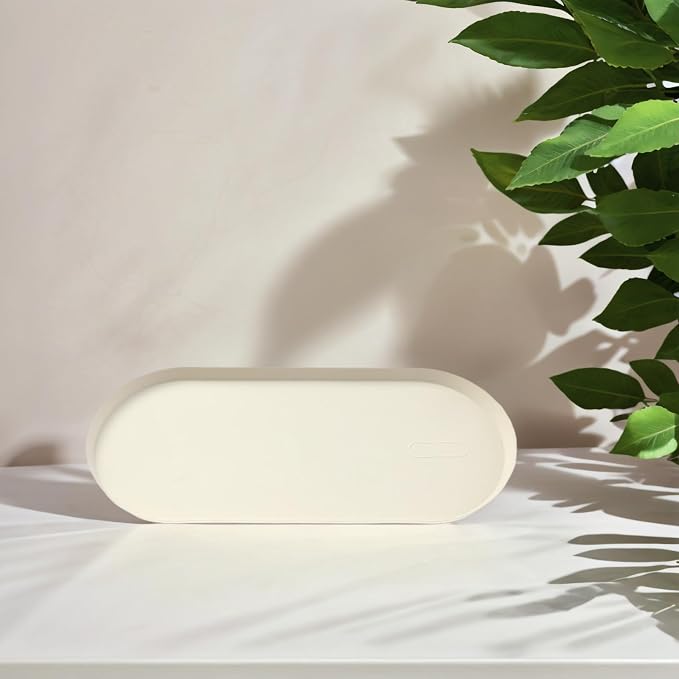 White Silicone Vanity Tray, 8.66x3.94 Inch Oval Food-Grade Counter Organizer, Dishwasher Safe Scratch-Proof Storage Tray for Jewelry Makeup Bathroom Desk