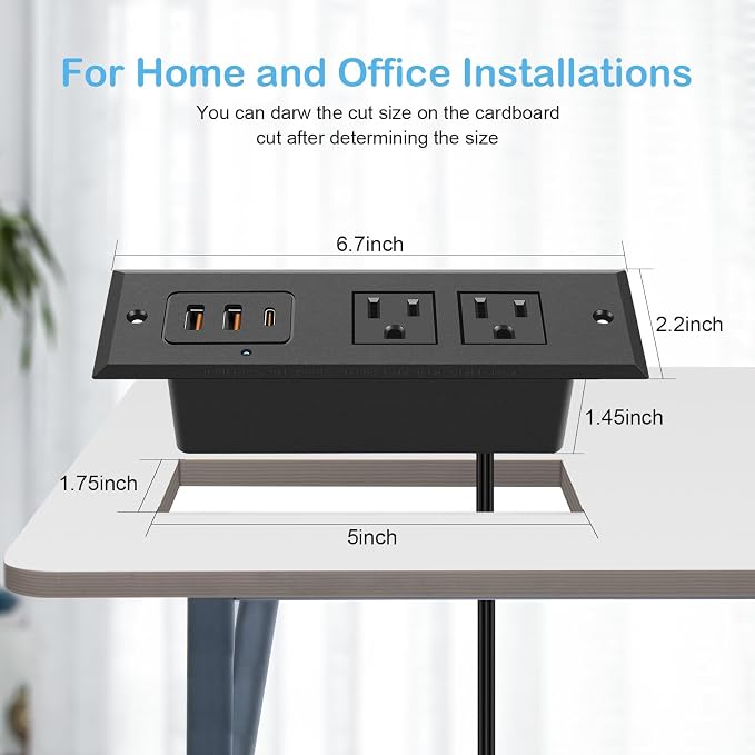 CCCEI Recessed Power Strip with 45 W USB C Port, Fast Charging USB A Port Desk Outlet, Furniture Hidden Charging Station for Side Table, End Table, with 4FT 45 Degree Flat Plug Extension Cord.