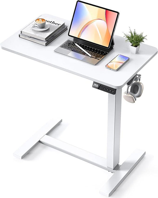 Overbed Bedside Table with Wheels, Electric Standing Desk Adjustable Height, Small Computer Desk for Home Office, Rolling Laptop Desk for Bed, Sofa, or Hospital Use (28"x16",White)
