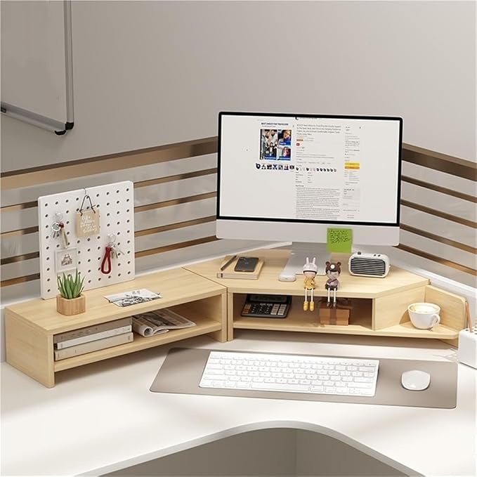 Corner Laptop Stand with Storage, Extended Monitor Stand for Desk, Multifunctional Desktop Computer Storage Shelf, Desk Organizer Rack for Office, Study(Natural)