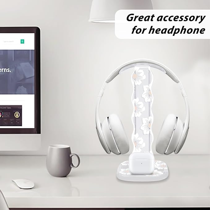 CamyCosy Headphone Stand Gaming Headset Holder for Desk,Unique White Camellia Pattern Clear Earphone Stand Cellphone Stand Desk Accessories for All Headphones Size