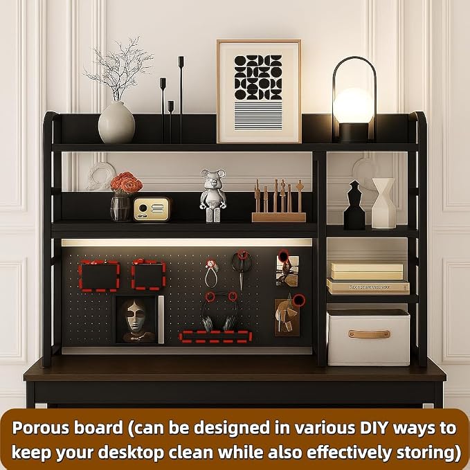 Desktop Bookshelf, pegboard Storage and Organization Rack, Dorm Desk Shelf, Desk Hutch, Desktop Storage for Office, Study, Student Display Rack,Desktop Shelves (Black 45.3" Lx9.9 Wx37 H)