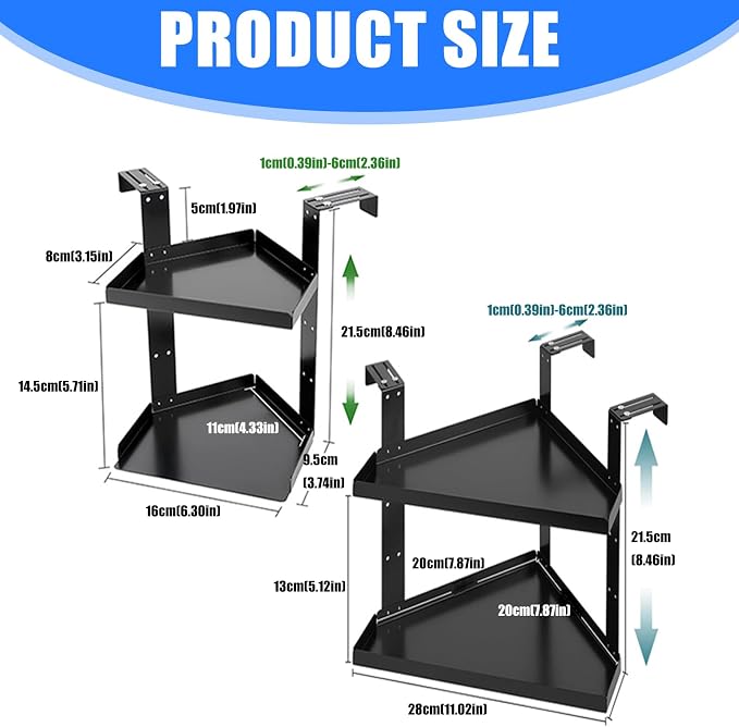 Adjustable Metal Corner Shelf Organizers Wall Mounted Corner Shelf with Adjustable Hook,2 Layer Metal Rack for Small Spaces, Office Home Use Desk Accessory Holder