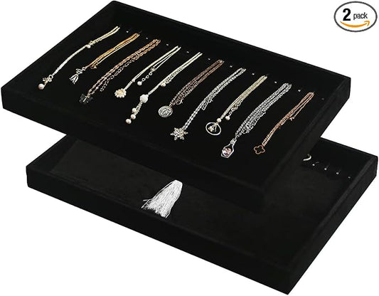 Coward Set of 2 Black Velvet Stackable Necklace Holder Organizer Tray Velvet Necklace Display Stand for Selling Jewelry Box Case for Storage (necklace+necklace)