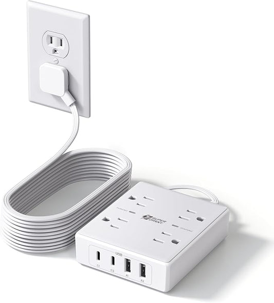 SUPERDANNY Flat Plug Power Strip Surge Protector 10 Ft Long Flat Extension Cord with 4 Outlets & 4 USB (2 USB-C) Charging Station for Home Office, College Dorm Room Essentials, Travel, White