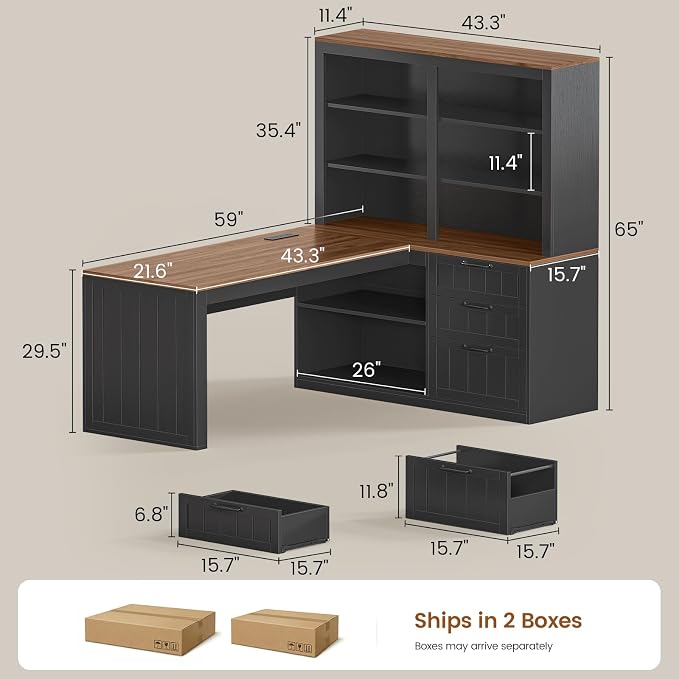 SEDETA Farmhouse L Shaped Computer Desk, 59'' Wood Office Desk with 3 Drawers and 5-Tier Bookshelf, Corner Desk with Storage Shelves and Power Outlet for Home Office Small Space, Black + Brown