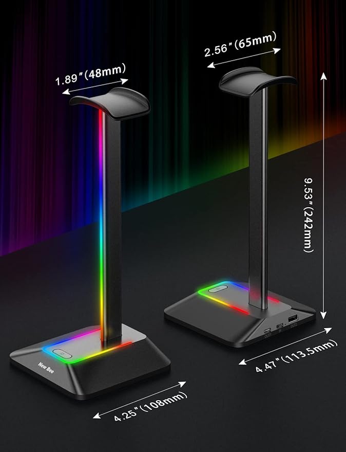 New Bee Headphone Stand with RGB Lighting, Sturdy Aluminum Gaming Headset Holder with USB-C & USB Charging Ports, Stable Desktop Earphone Stand for All Headphones Size, Black