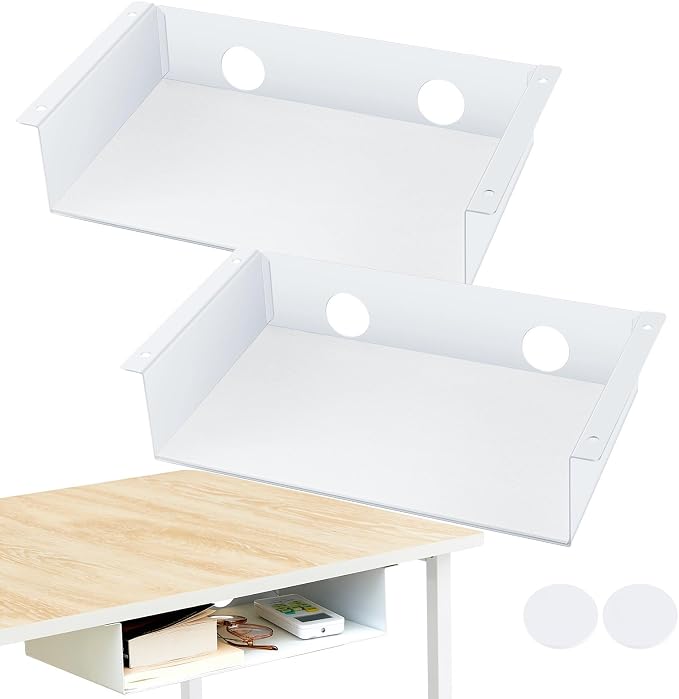 Yaocom 2 Pack 13 Inch Under Desk Hanging Shelf, Carbon Steel Storage Tray with Mute Felt Sheets, Mount Shelves Organizer for Office Home Workstation Gaming Stand Up(13x8x2.8 in/Storage Shelf, White)