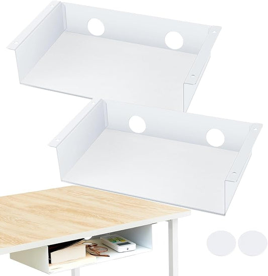 Yaocom 2 Pack 13 Inch Under Desk Hanging Shelf, Carbon Steel Storage Tray with Mute Felt Sheets, Mount Shelves Organizer for Office Home Workstation Gaming Stand Up(13x8x2.8 in/Storage Shelf, White)