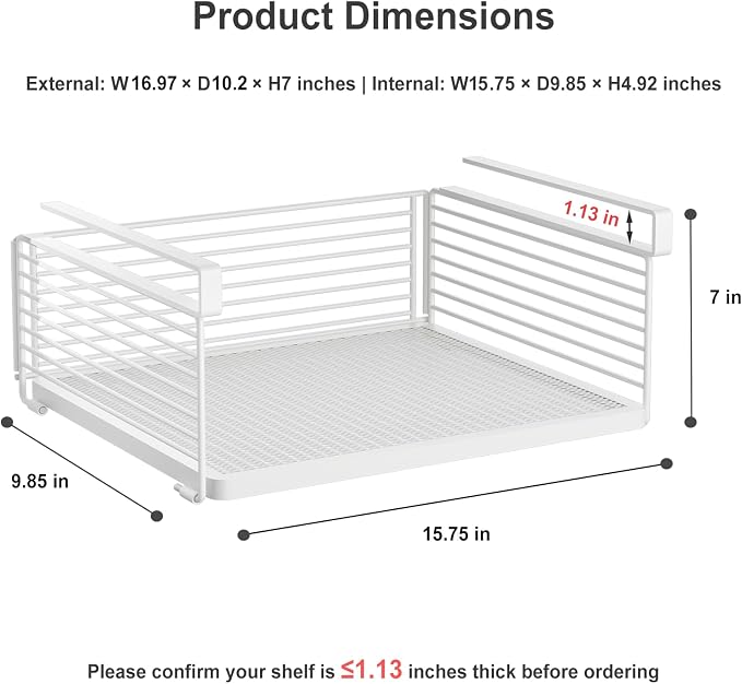 Under Shelf Storage Basket, Hanging Wire Basket with 1.13 Inches Thick Clips for Kitchen, Pantry or Laundry Room, Under Cabinet or Desk Storage Organizer, White, 15.75" L-Mesh Bottom, 2 Pack