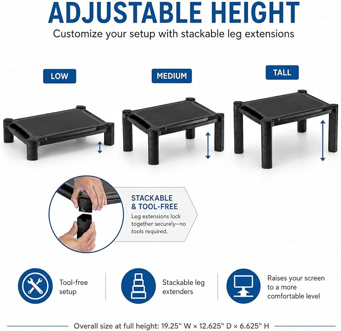 Mount-It! Monitor Stand Riser with Storage, Height Adjustable Desk Shelf for Monitor & Printer, Large 19" Platform, Fits 13–32" Screens up to 22 lbs, Desk Organizer, Black