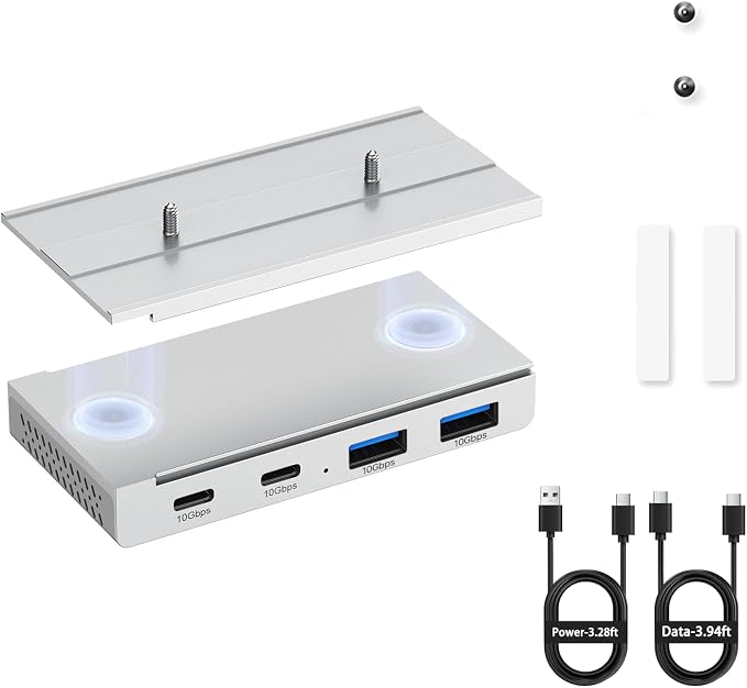 EJAY 10Gbps Magnetic USB-C Hub, 4-Port USB 3.2 Gen2 Desktop Hub with 47" Extra Long Cable, Aluminum USB C Splitter, Under Desk Mount Multi Port USB Hub for MacBook, PC, Surface, SSD, Silver