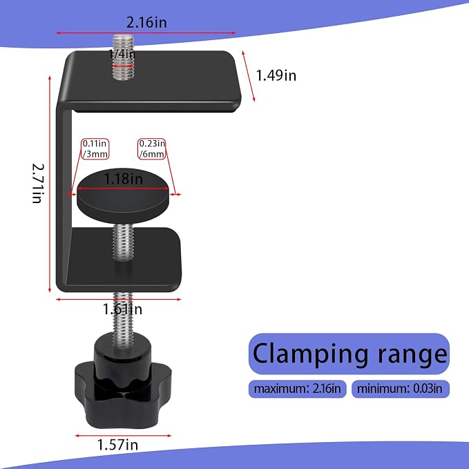 2-Pack Heavy Duty Adjustable C-Clamp with 1/4" Stud Mount - Steel Desk Clamp for Lamp, Microphone, Light Poles & Table | Multi-Purpose Clamps for Secure Mounting