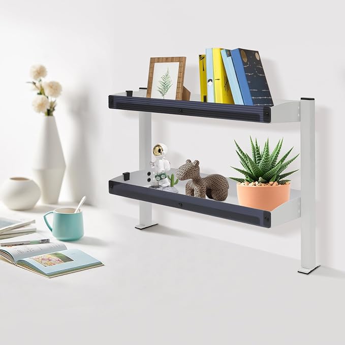 Clamp-on Desk Shelf, Plastic Panel Clip-on Desk Shelf, 2-Tier Shelving with Adjustable Storage Tray, for Offices, Bedrooms, Living Rooms, Etc (White)