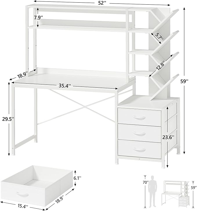 YOMILUVE Reversible Computer Desk with Hutch, Home Office Desk with Drawers and Bookshelf, 52'' Study Writing Desk with Storage Shelves for Bedroom Home Office, White
