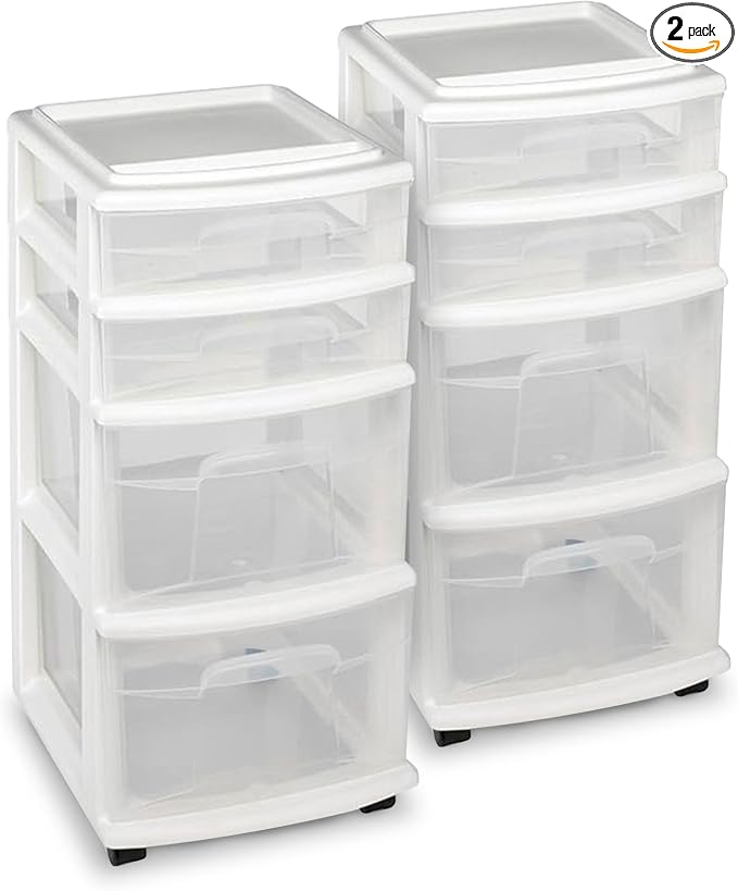 HOMZ 2-Pack Drawer Tower, 4-Tier Clear Plastic Storage Organizer Cart, White Frame - Organizing Containers with Wheels for Home, Bathroom, Bedroom, Office, and Classroom