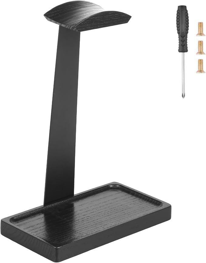 Walnut Headphone Stand, Wooden Headset Stand for Desk, Wood Gaming Headphone Holder with Storage Base Present for Men Brown or Black(Black)