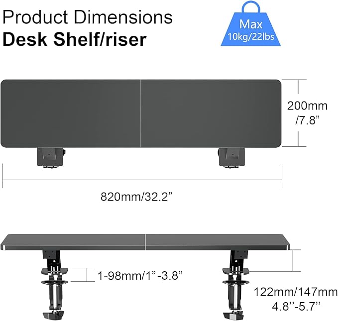 suptek Clamp-on 32 Inch Dual Monitor Desk Mount Riser Shelf Computer Stands for 2 Monitor,Laptop,Printer, Notebook,32.2” x 7.8” x 5.7”