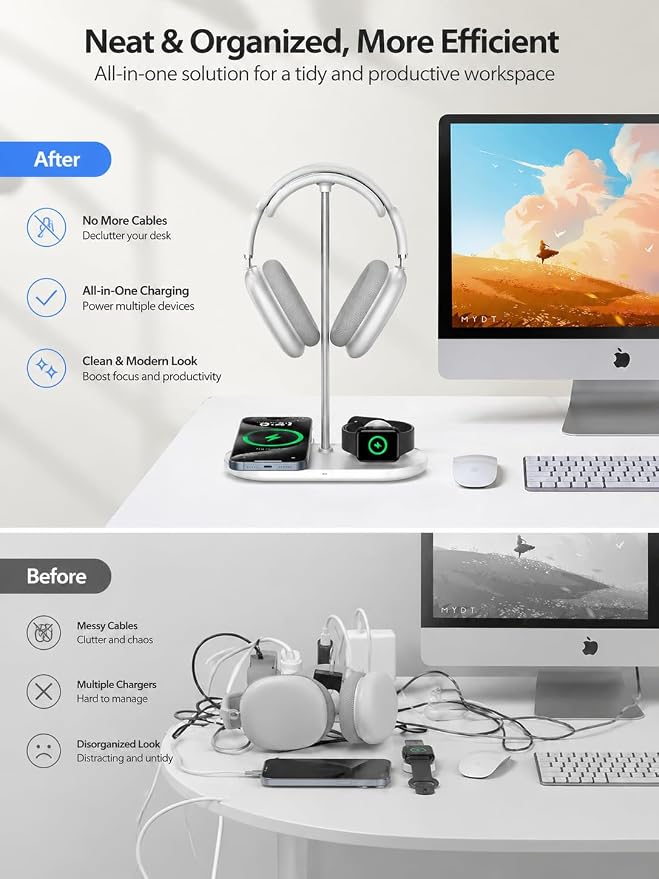 TopMade Airpod Max Charger Stand with 15W Wireless Charger, 4 in 1 Headphone Stand Headset Holder for AirPods Max/Pro/iWatch/Vision Pro, iPhone 17/16/15/14/13/12/11/X for Desktop Gaming Holder, White