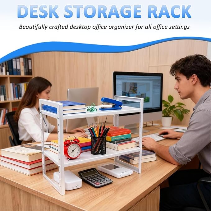 2 Tier Metal Desk Shelf Organizer, Height Adjustable Countertop Shelf for Study Room, Home Office, Multipurpose Storage for Books, Files, Stationery and Desk Essentials