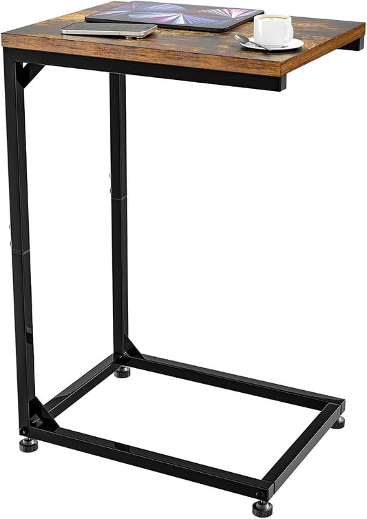 Simple Trending C Shaped End Table, TV Tray for Couch, Small Side Table with Metal Frame, for Living Room Bedroom, Rustic Brown