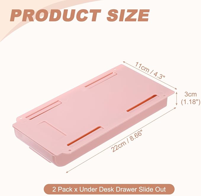 PATIKIL 2 Pack Under Desk Drawer Slide Out, 8.66 x 4.3" Plastic Table Storage Drawers Slide Out Storage Box for Laptop Study Desks Dining Dressing Tables Wardrobes Cabinets, Pink