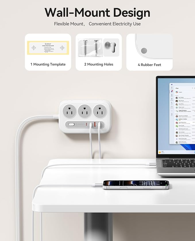 ORICO Surge Protector Power Strip, PD20W Multiple Outlets Extension Cord with 6 AC Outlets and 4 USB Charging Ports (2 USB-C), Flat Plug, 10Ft Mountable Outlet Extender for Office/Dorm ETL Listed- OG