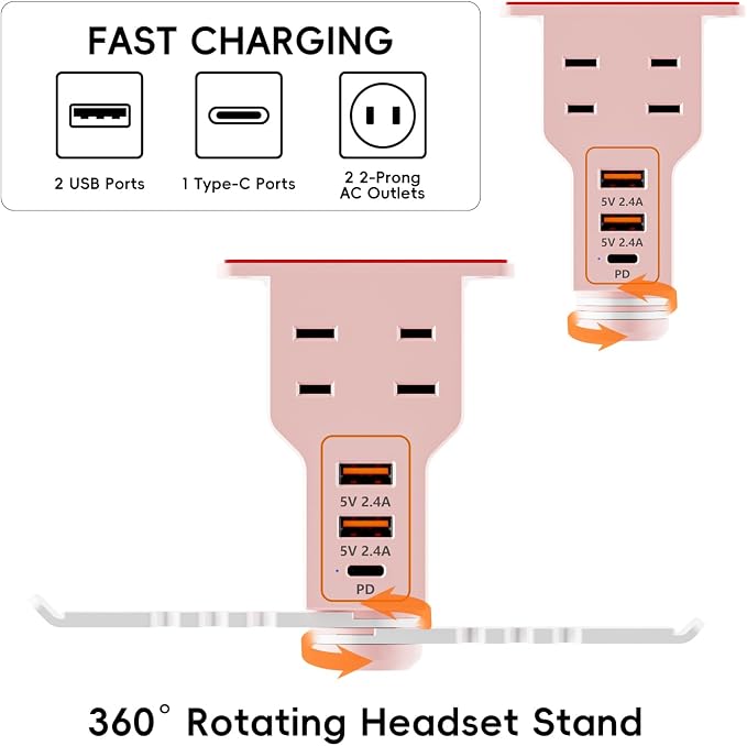 Gaming Headphone Stand with Charging Station - Aluminum Hooks Headphone Holder, Under Desk Headset Stand, 3 USB & AC Outlet, Surge Protector & Cable Organizer, Gift for Girl/Men