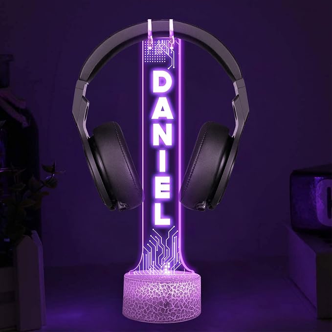 Personalized DJ Headphone Holder with RGB LED Lights, Custom Name Headset Holder for Gamers, Boyfriend or Him, 3D Light-Up Display, Cool Christmas or Birthday Gift for Music Lovers