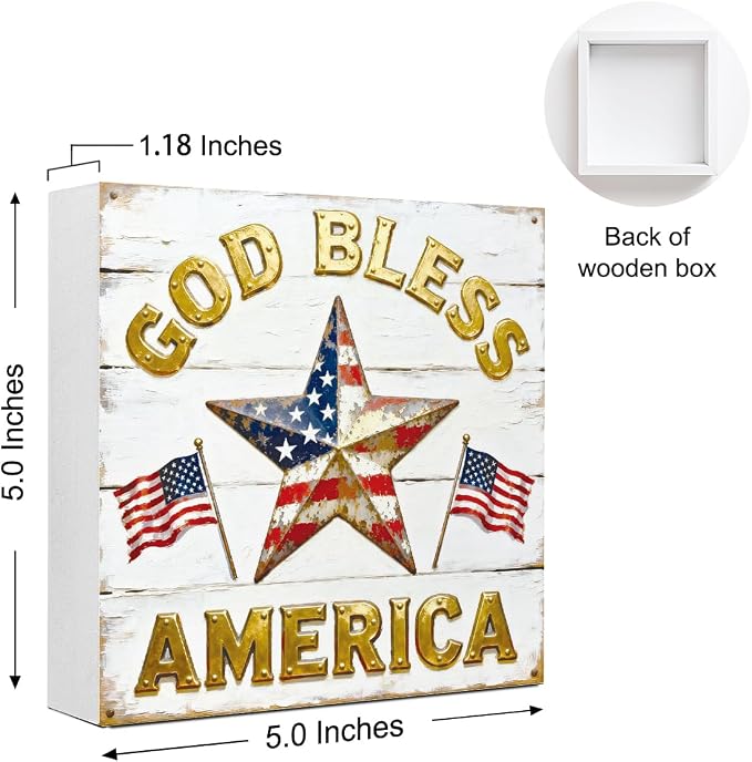 Patriotic Wooden Box Sign,God Bless America Star 4th Of July Signs Home Decor,Independence Memorial Day Block Sign for Desk Shelf Tabletop Decor