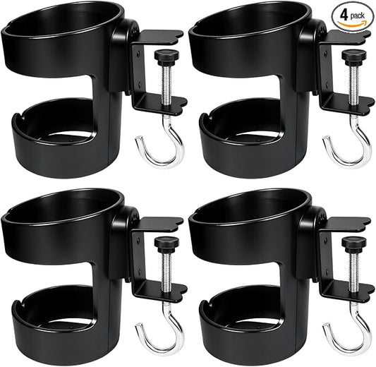 4Pcs 2-in-1 Desk Cup Holder, Compatible with Stanley and Owala Water Cup | Adjustable Anti-Spill Tumbler Clamp Organizer with Hook, Ideal for Office and Home Workstation (Black)
