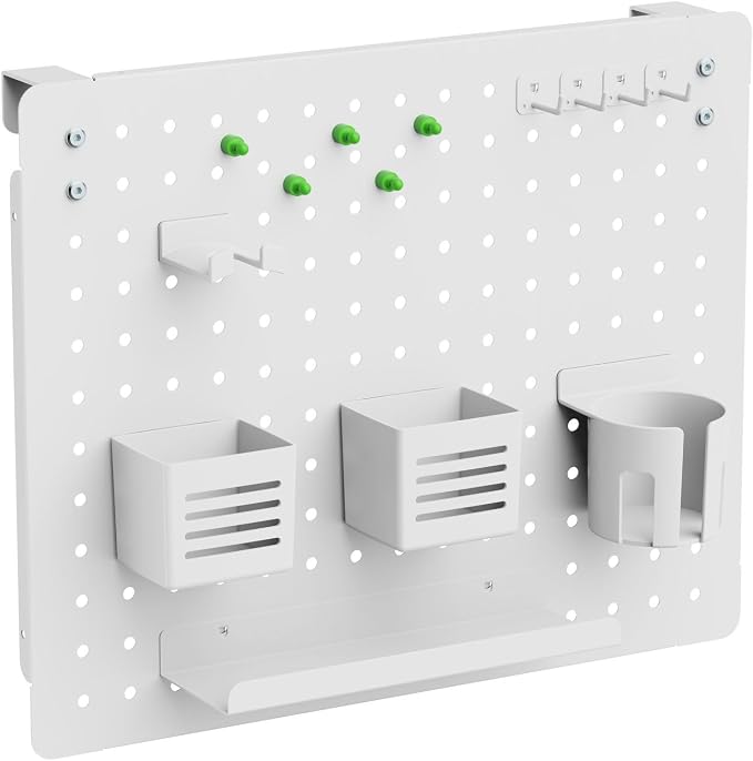 Kantek Pegboard Desktop Organizer & Accessories, Sits, Hangs or Clamps to Tables, 20.58” X 17” White Steel Privacy Panel, Cup Holder, Pen Cup, Headphone Holder, Tray, Magnets, Easy Install
