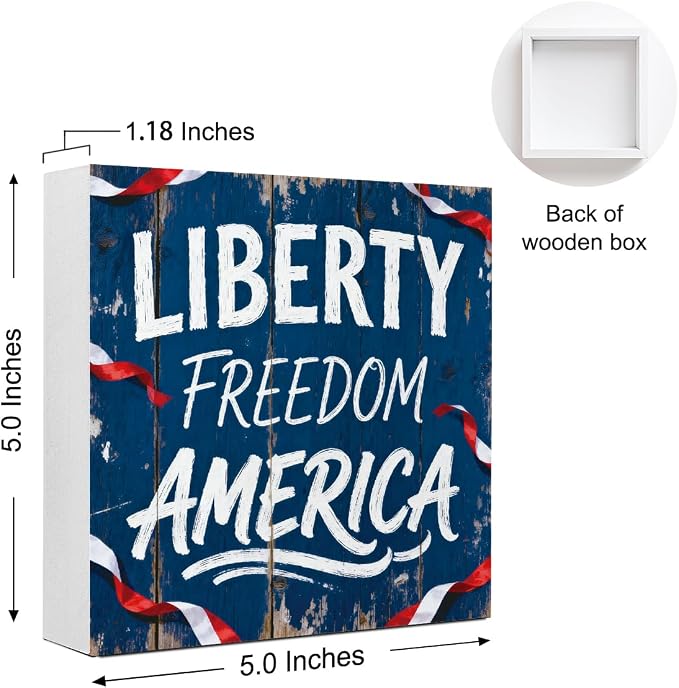 Patriotic Wooden Box Sign,Liberty Freedom America 4th Of July Signs Home Decor,Independence Memorial Day Block Sign for Desk Shelf Tabletop Decor