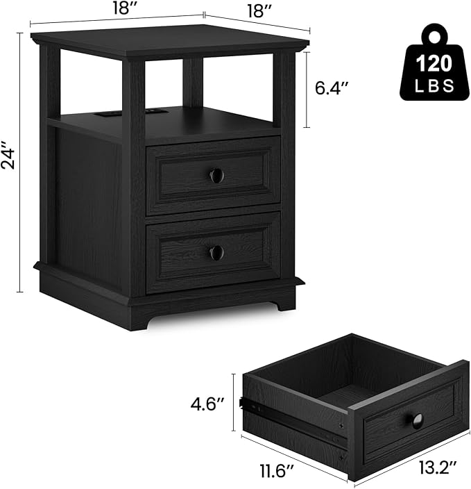 REDAYFUR End Table with Fast USB C Charging Station,18" Wide Sofa Side Table with 2 Drawers, Large Storage Rustic Wood Square Storage Cabinet for Living Room, Bedroom, Office, Black