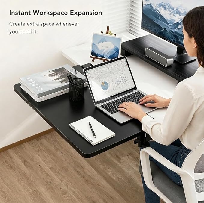 Desk Extender , 25.98'' x 9.84 '' Foldable Table Extension Folding Wall Table Keyboard Extender for Desk Clamp-on Shelf for Dorm Bunk, Office, Kitchen Bar, additional storage platforms (black)