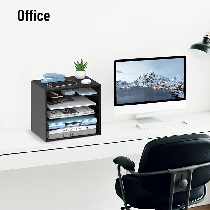 5-Tier Wood Desk Organizer, Paper Tray Organizer for Desk with Adjustable Storage Shelves, Desktop File Organization Paper Sorter Mail Holder for Office Home Classroom, Black