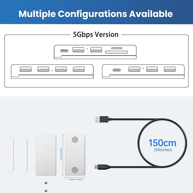 EJAY 10Gbps Magnetic USB-C Hub, 4-Port USB 3.2 Gen2 Desktop Hub with 47" Extra Long Cable, Aluminum USB C Splitter, Under Desk Mount Multi Port USB Hub for MacBook, PC, Surface, SSD, Silver