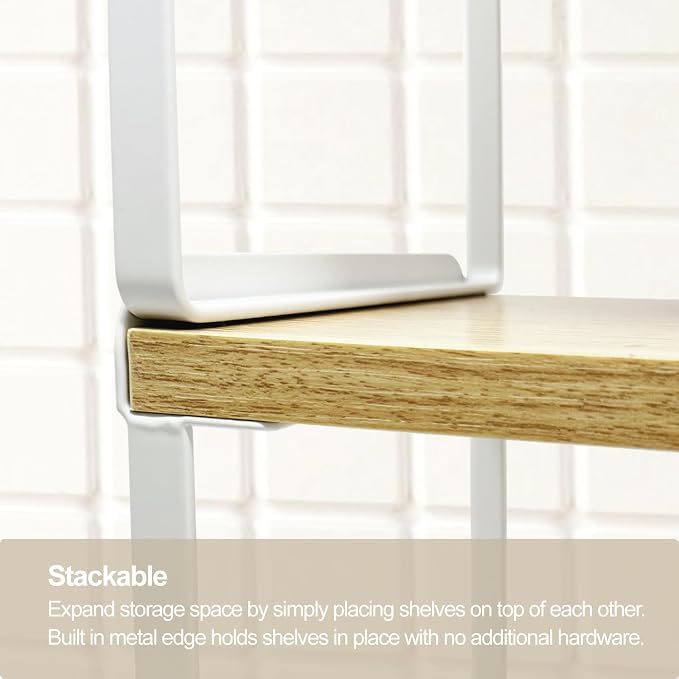 Mitus Shelf Organizer and Storage, Tiered Wood Cabinet Rack for The Kitchen Counter, Bathroom Counter, Pantry Cupboard, Office Desk Bookshelf, 12" Wide Natural and White