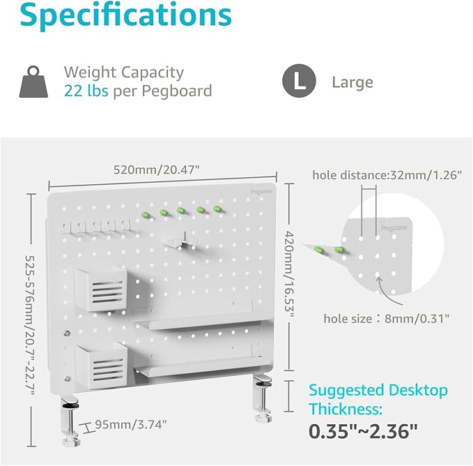 PEGZONE Clamp-on Desk Pegboard, Desk Organizer for Office Gaming Home, Magnetic Metal Peg Board with 15 Accessories, Privacy Panel, 20.4" x 16.5", Large, White