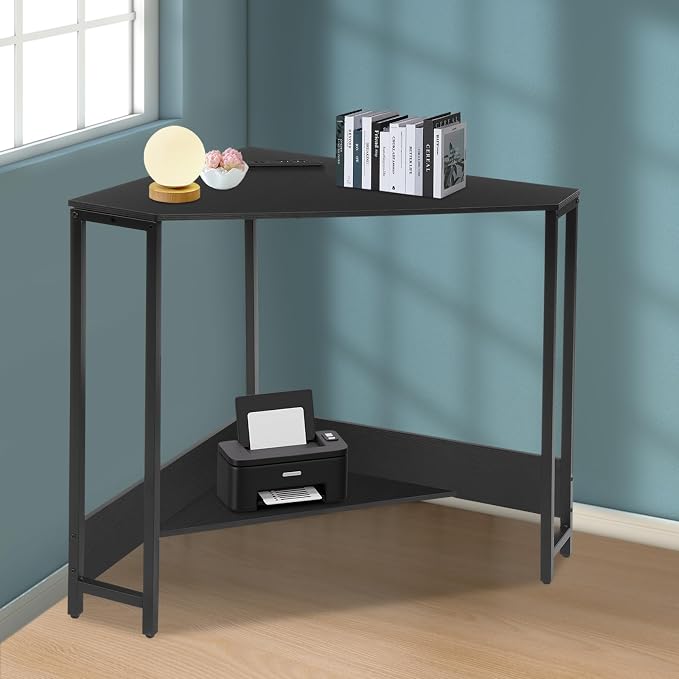 Corner Desk with Outlets and USB Ports, 26.77x26.77x29.53in Triangle Desk with Storage for Home Office, Workstation, Living Room, Bedroom, Small Space (Black)