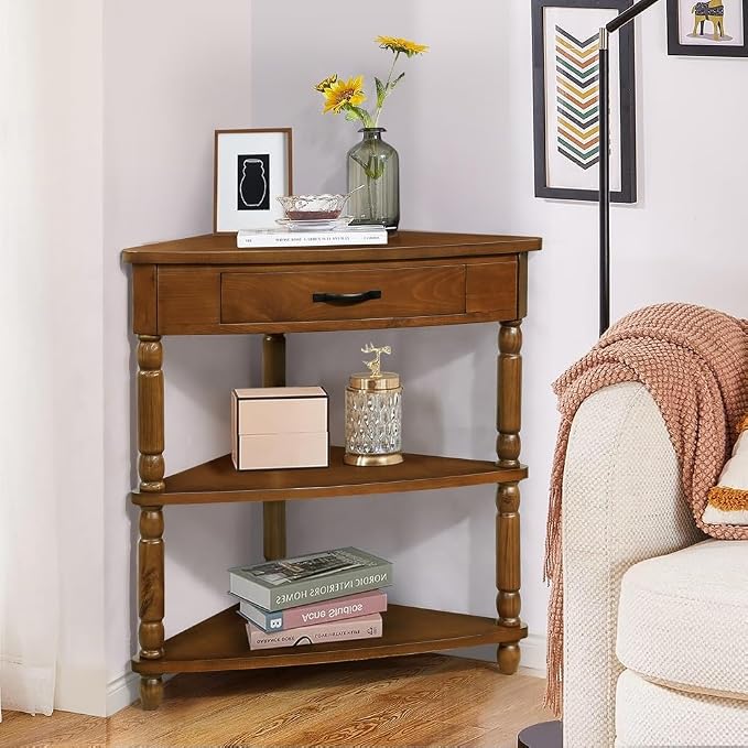 3-Tier Corner Display Rack Small Corner Table Wood Triangle Side Table with Drawer & 2 Open Shelves Multipurpose Shelving Unit for Living Room Bedroom (Brown)