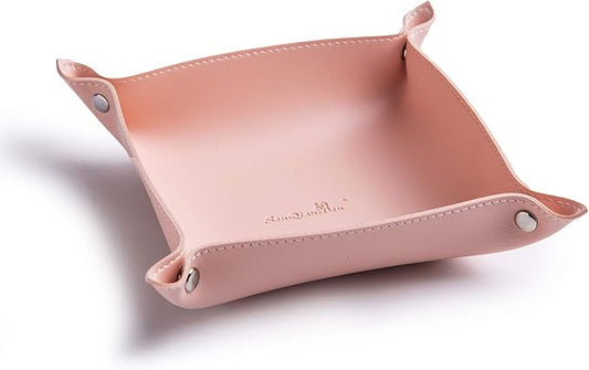 Leather Jewelry Valet Tray for Women and Man, Entryway Table Bedside Nightstand Desk Portable Small Catchall Travel Dish Plate for Key,Wallet,Watch,Phone,Coin(Pink-B)