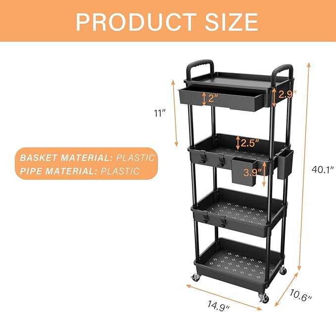 4 Tier Rolling Utility Cart with Drawer,REBECAT Utility Cart Made of Multifunctional Storage Organizer Tool for Kitchen,Bathroom,Living Room,Office(Black)