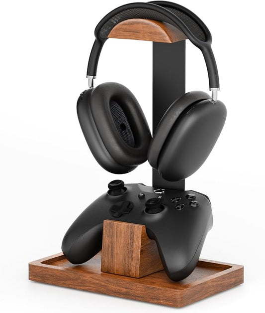 Headphone Stand and Controller Holder, 2-in-1 Walnut Wood Gaming Desk Organizer Compatible with Controllers, Display Mount for AirPods Max, Bose, Sennheiser, Gift for Gamers