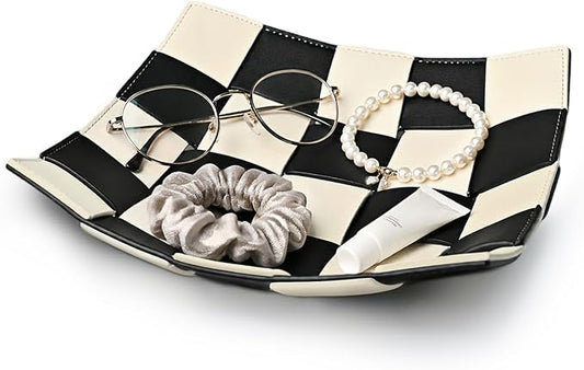MSJGA Black and White Checkered Valet Tray PU Leather Key Holder Bowl for Women and Men Entryway Table Nightstand Desk Tray for Wallet, Keys Men's Gift - 9.8" L x 9.8" W x 2" H